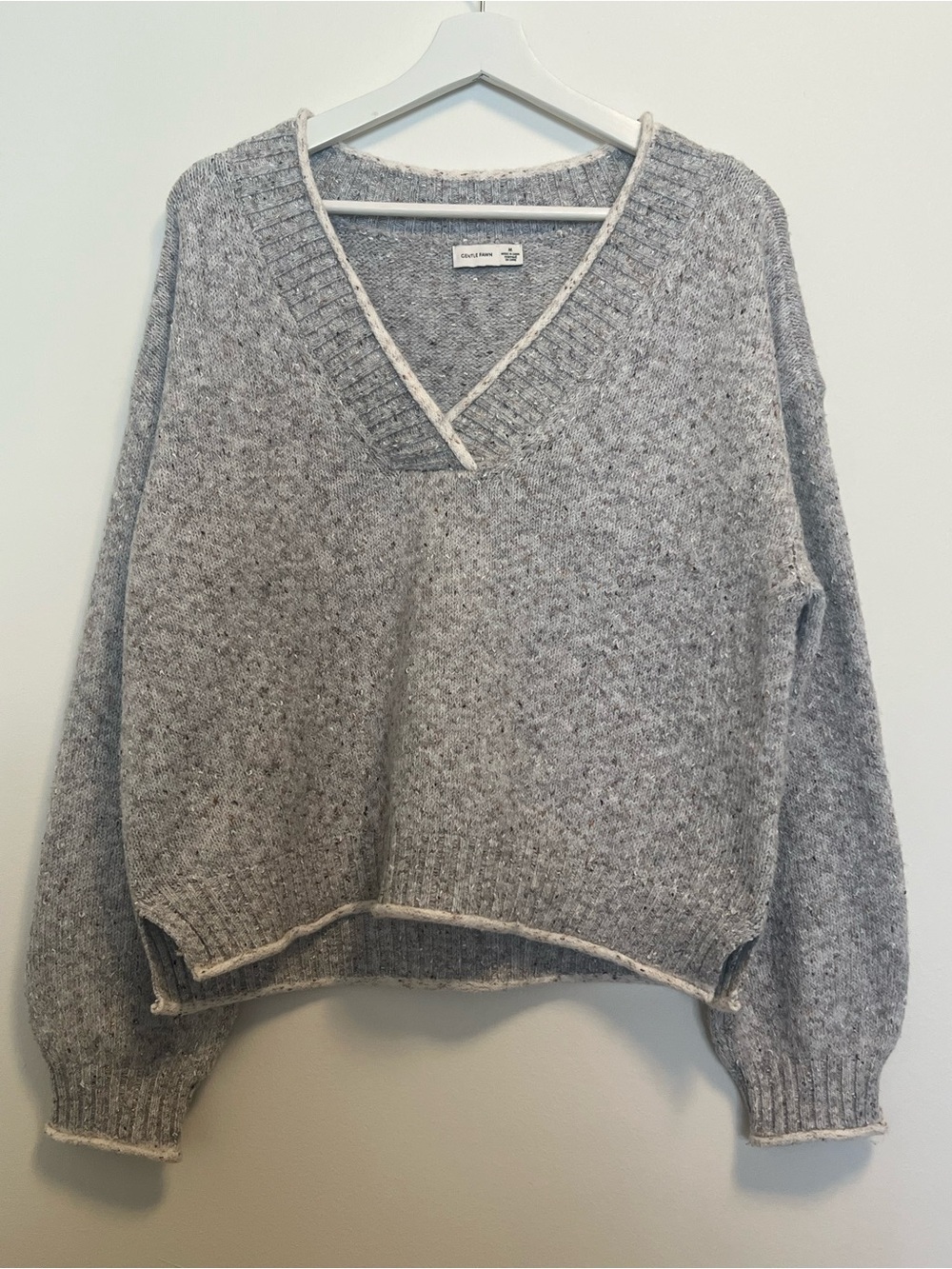 Gentle Fawn Grey V-Neck Sweater with Cream Trim